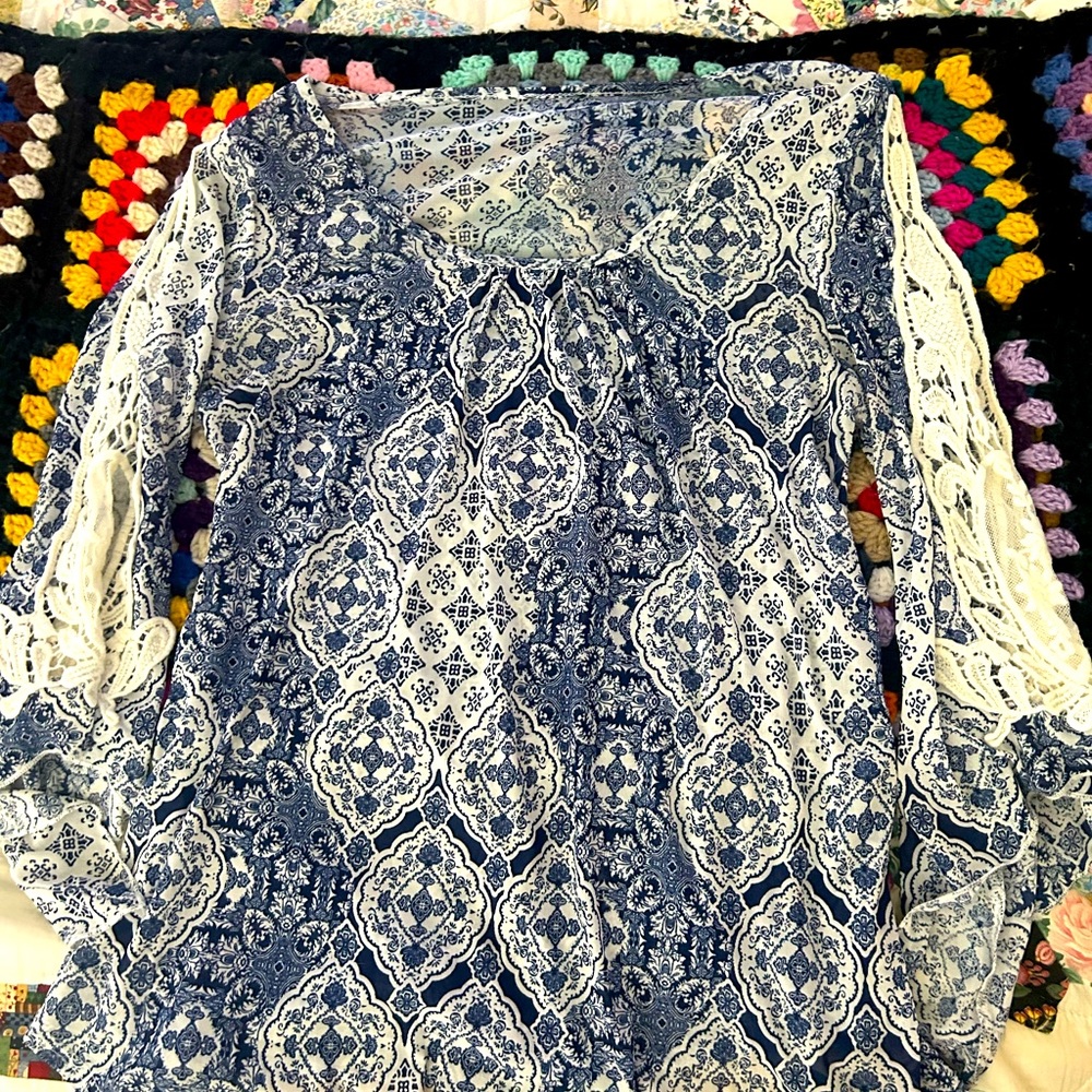Ember Blue Patterned Tunic with Lace Handkerchief Sleeves small